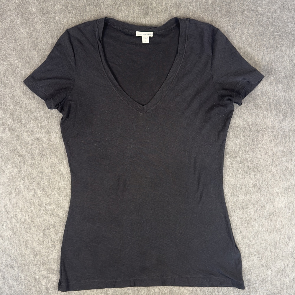 James Perse Shirt Womens 2 Black V-Neck 100% Cotton Short Sleeve Standard Top